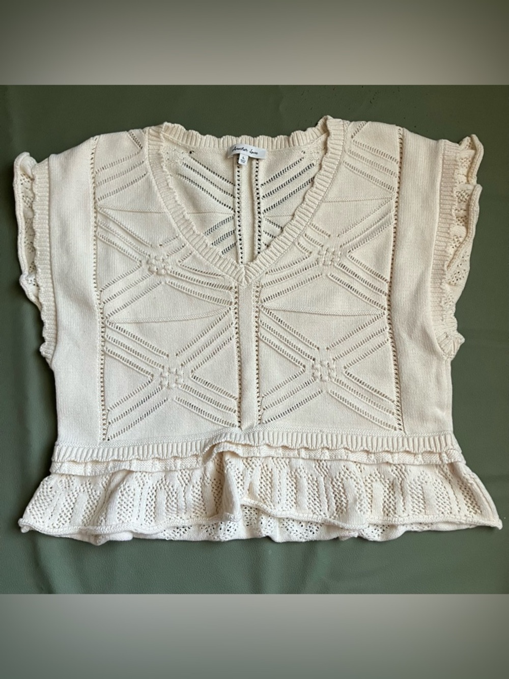 Another Love Cream Pointelle Ruffle Knit Crop Top L​​​​​​​​​​​​​​​​